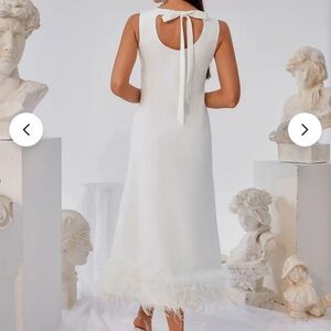 NWT Mew Mews Off White Sleeveless Scoop Neck Elegant Maxi Dress w/ Feather Trim